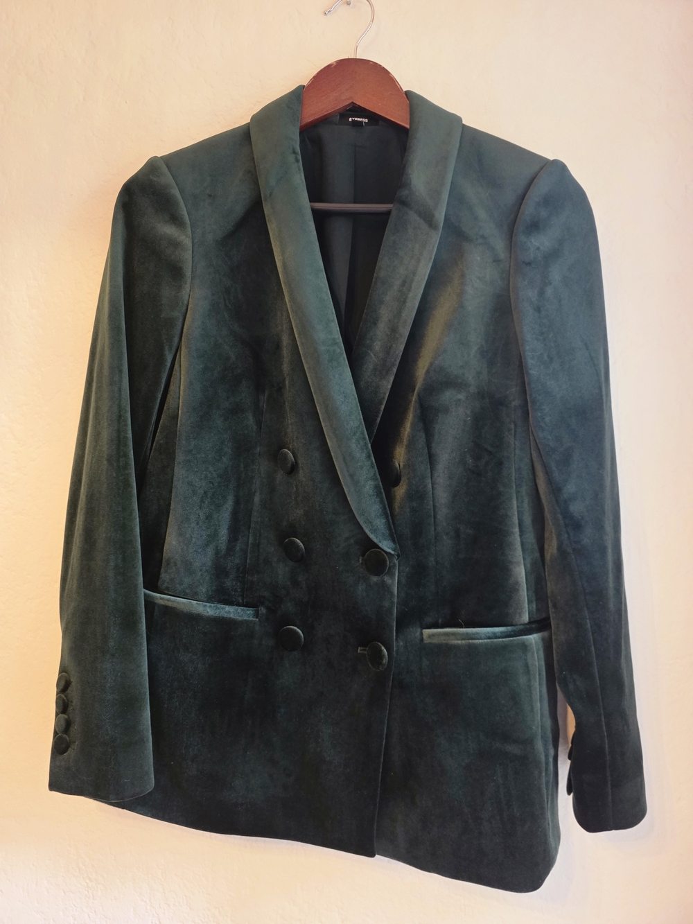 SET- Women's Dark Green Velvet Double-Breasted Blazer + Wide Leg Pants